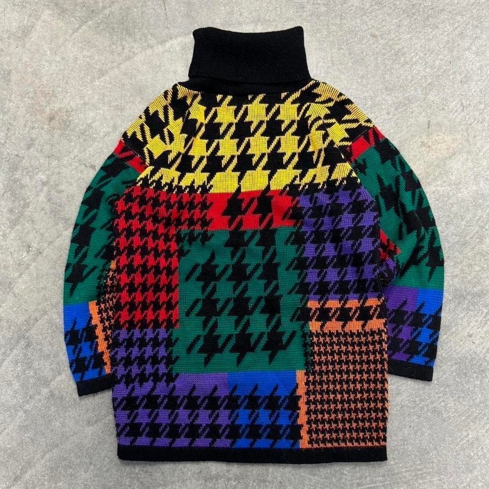 Vintage Acrylic Houndstooth Turtleneck Sweater Multi Colored Knit Pullover Small
